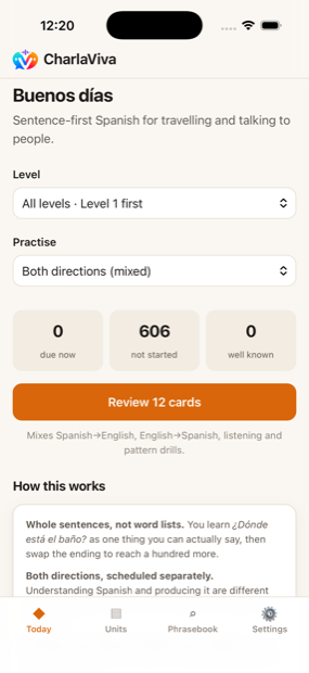 CharlaViva home screen with level and direction pickers