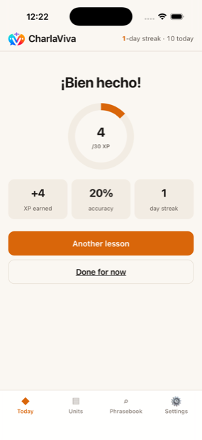 End of a lesson showing XP earned against the daily goal