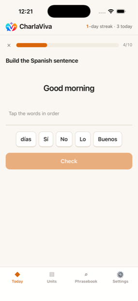 A lesson exercise: build the Spanish sentence from word tiles